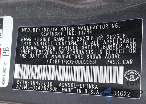 2015 Toyota Camry Le z USA, uszkodzony, nr VIN 4T1BF1FKXFU003359